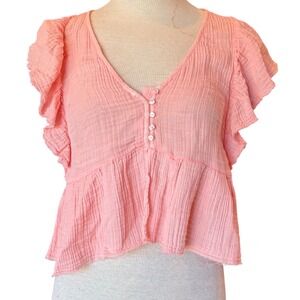 American Eagle Pink‎ Coral Ruffle Peplum Top Flutter Sleeve Button Front Small